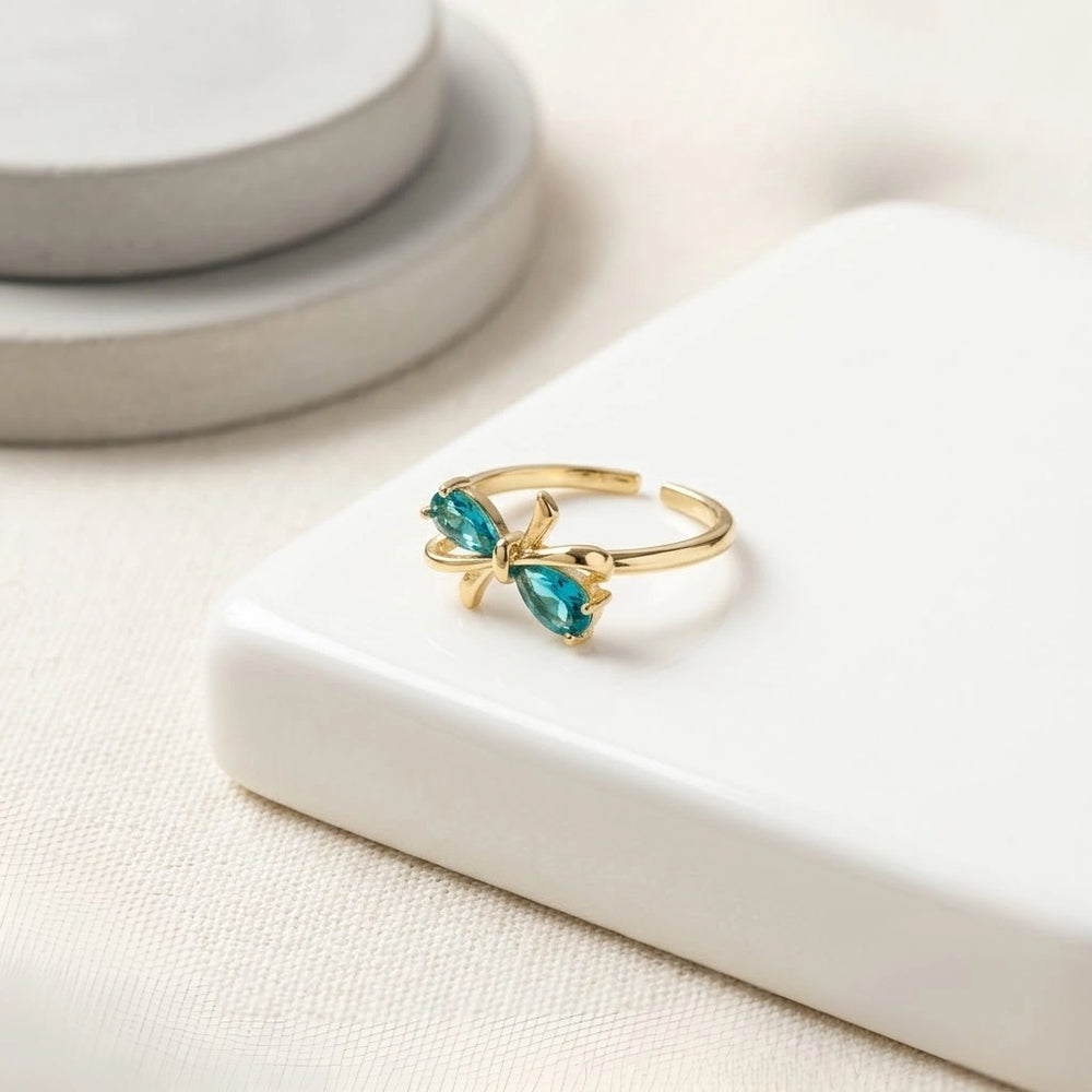 Aqua Blue Bow Ring - Anti Tarnish Gold Plated Adjustable