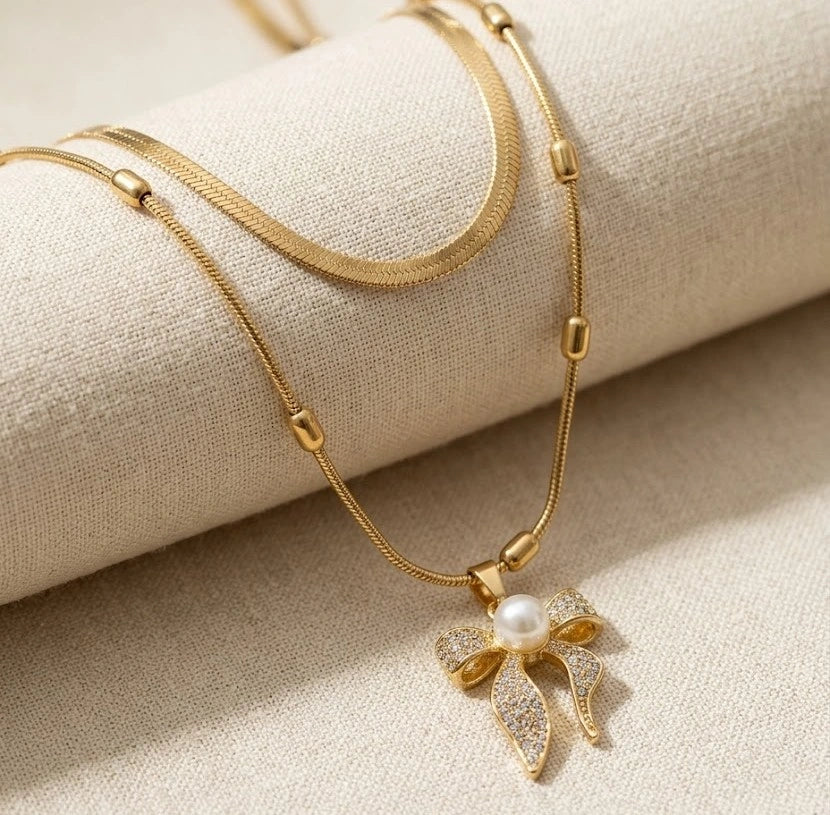 Layered Bow & Pearl Pendant Necklace - Anti Tarnish