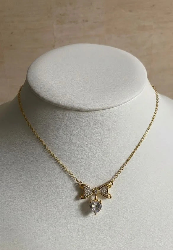 Crystal Bow & Heart Pendant Necklace | Anti-Tarnish Gold Plated Snake Chain