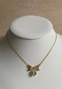 Crystal Bow & Heart Pendant Necklace | Anti-Tarnish Gold Plated Snake Chain