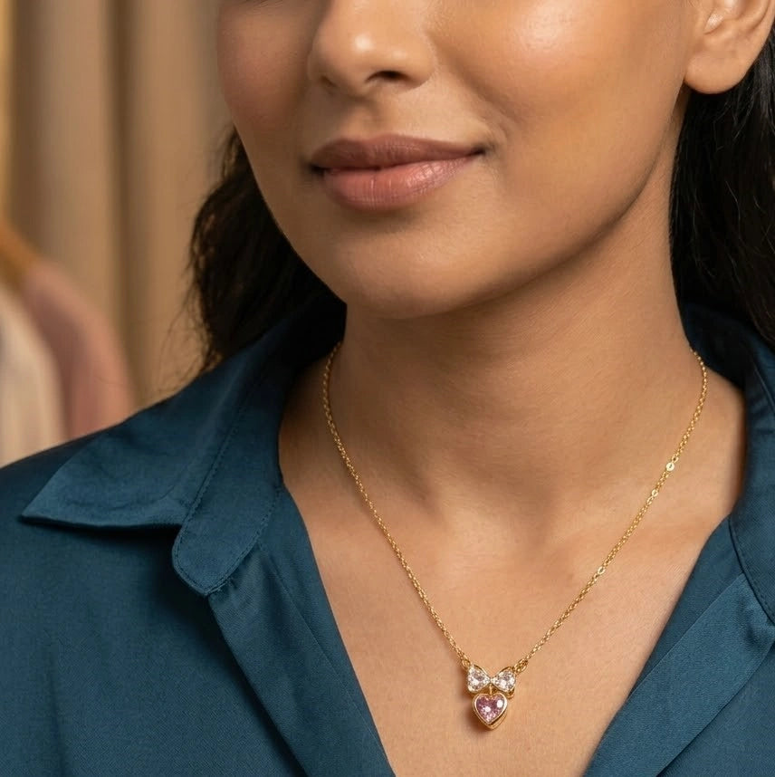 Pink Heart & Crystal Bow Pendant Necklace | Anti-Tarnish Gold Plated