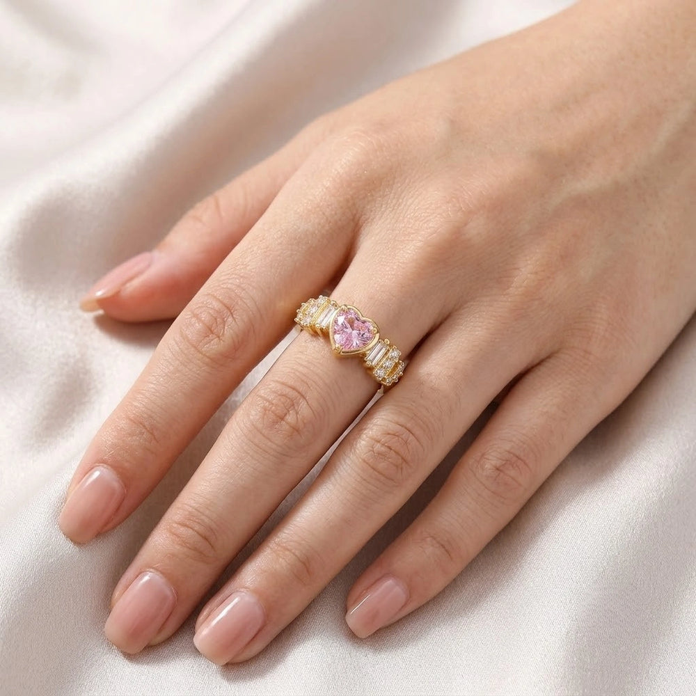 Pink Heart Crystal Adjustable Ring - Anti Tarnish Gold Plated