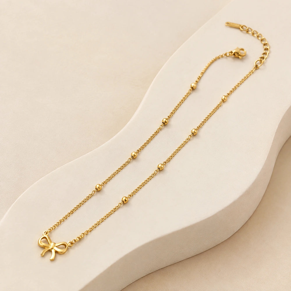 Bow Necklace Gold Plated (Anti-Tarnish) – Korean Style Dainty Ribbon Pendant for Women & Girls