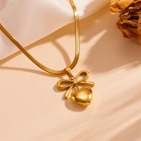 Coquette Bow Heart Necklace - Gold Plated Snake Chain | Anti-Tarnish & Waterproof - MONCHERI