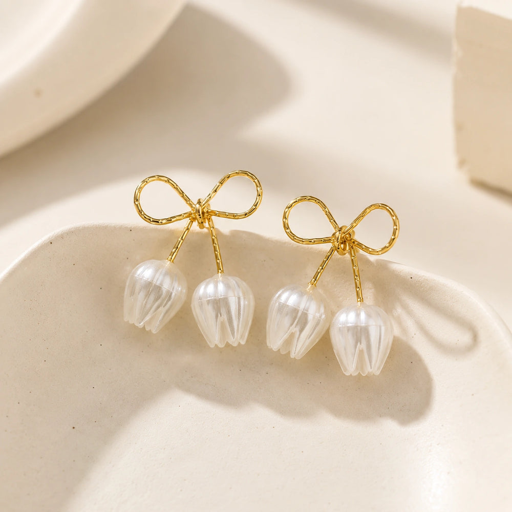 Coquette Bow & Pearl Tulip Drop Earrings - High Quality Korean Fashion Jewelry