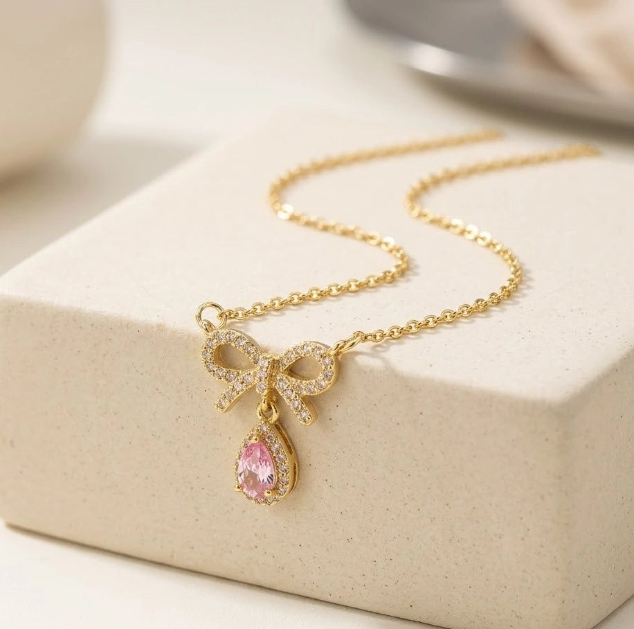 Coquette Bow & Pink Teardrop Necklace - Anti Tarnish Gold Plated
