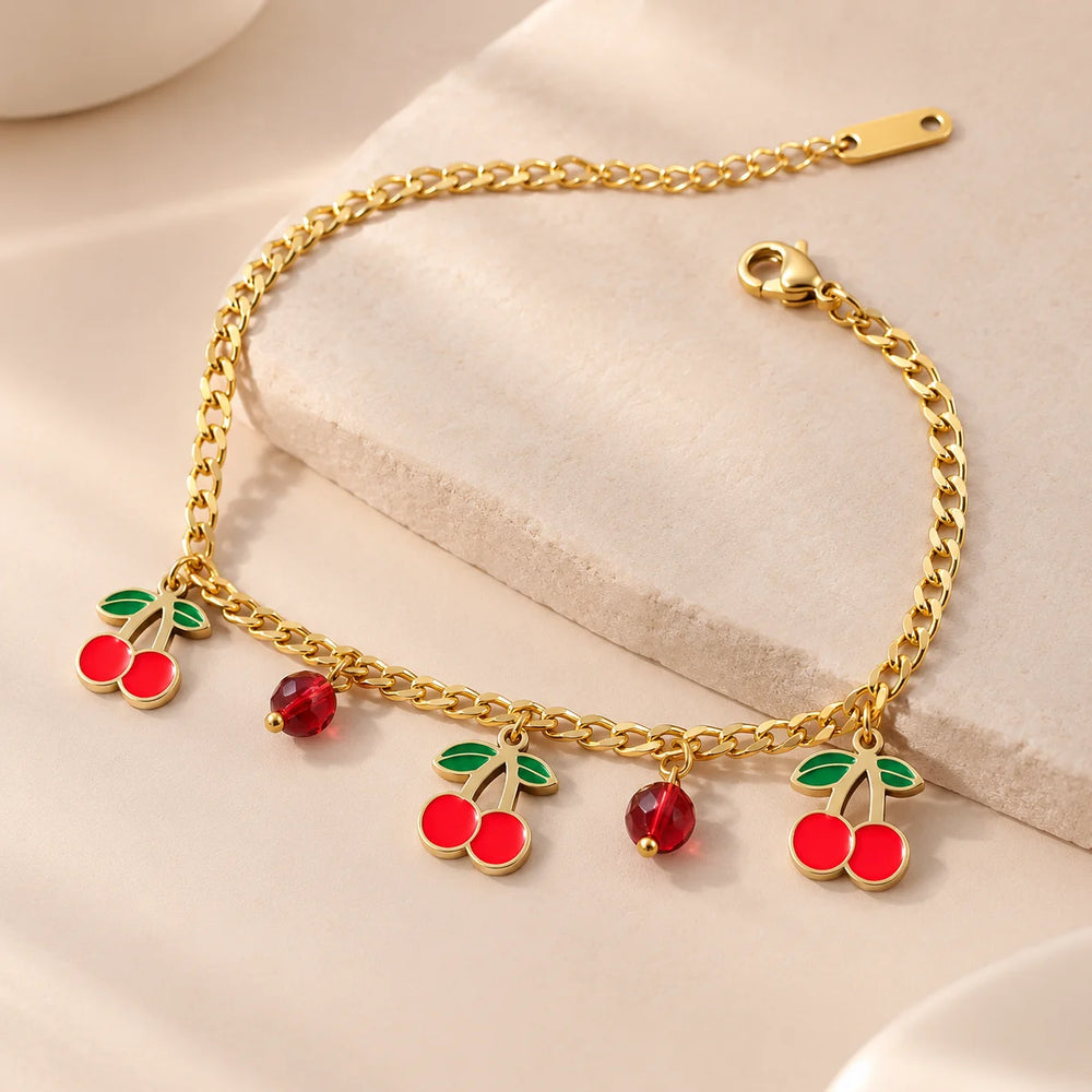 Cherry & Clover Charm Bracelet Combo - Anti-Tarnish Gold Plated K-Style Jewelry
