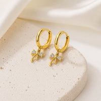 Coquette Crystal Bow Drop Hoop Earrings - Anti Tarnish Gold Plated