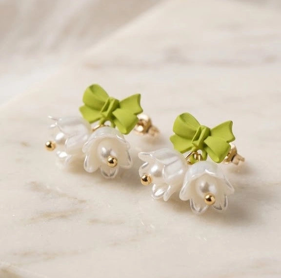 Coquette Green Bow & Lily of the Valley Floral Earrings