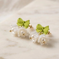 Coquette Green Bow & Lily of the Valley Floral Earrings