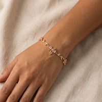 Pink Floral Bow Bracelet - Anti Tarnish Gold Plated