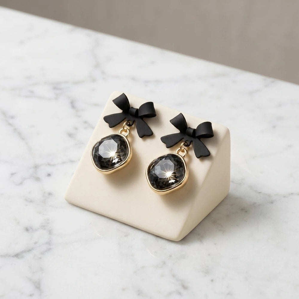 Black Bow Crystal Drop Earrings - Coquette Style Dangle Earrings
