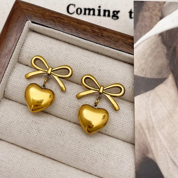 Gold Plated Ribbon Bow & Heart Earrings | Anti-Tarnish Korean Style Drop Studs