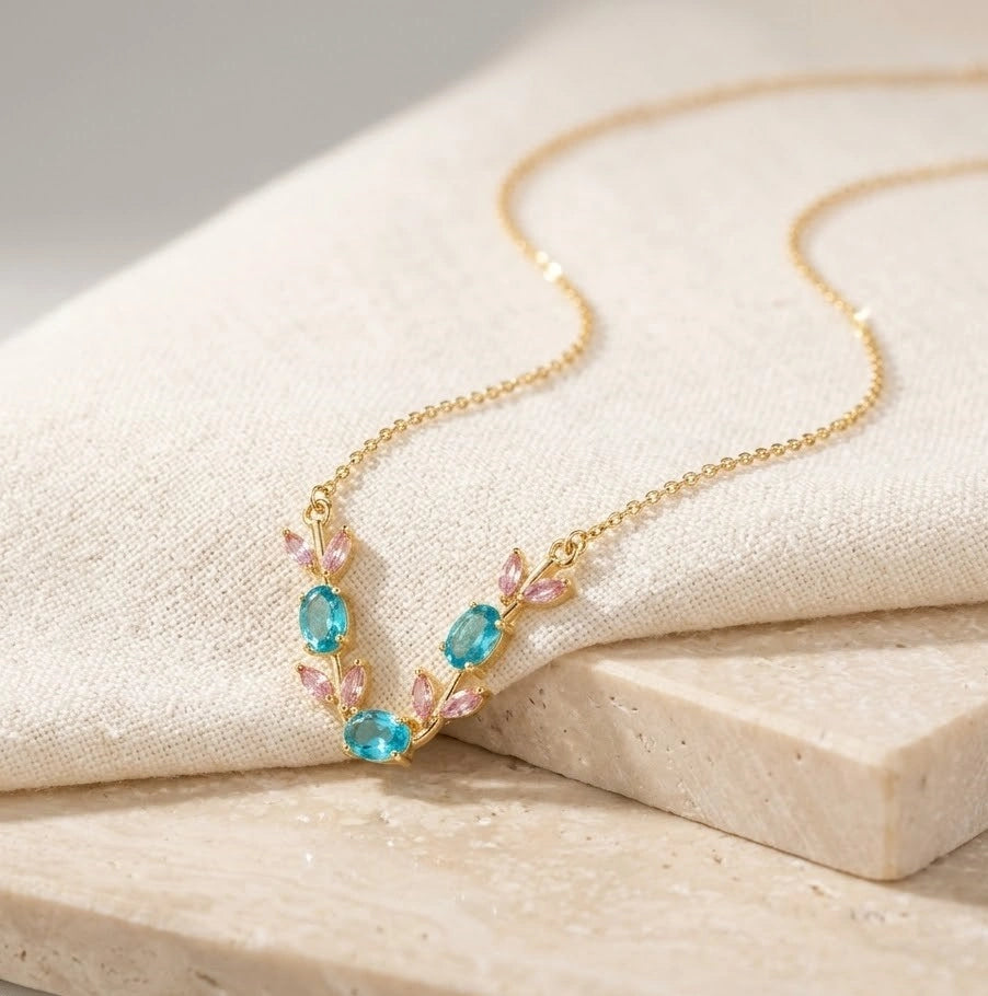 Floral Vine Blue & Pink Stone Gold Plated Necklace - Anti Tarnish