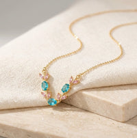 Floral Vine Blue & Pink Stone Gold Plated Necklace - Anti Tarnish