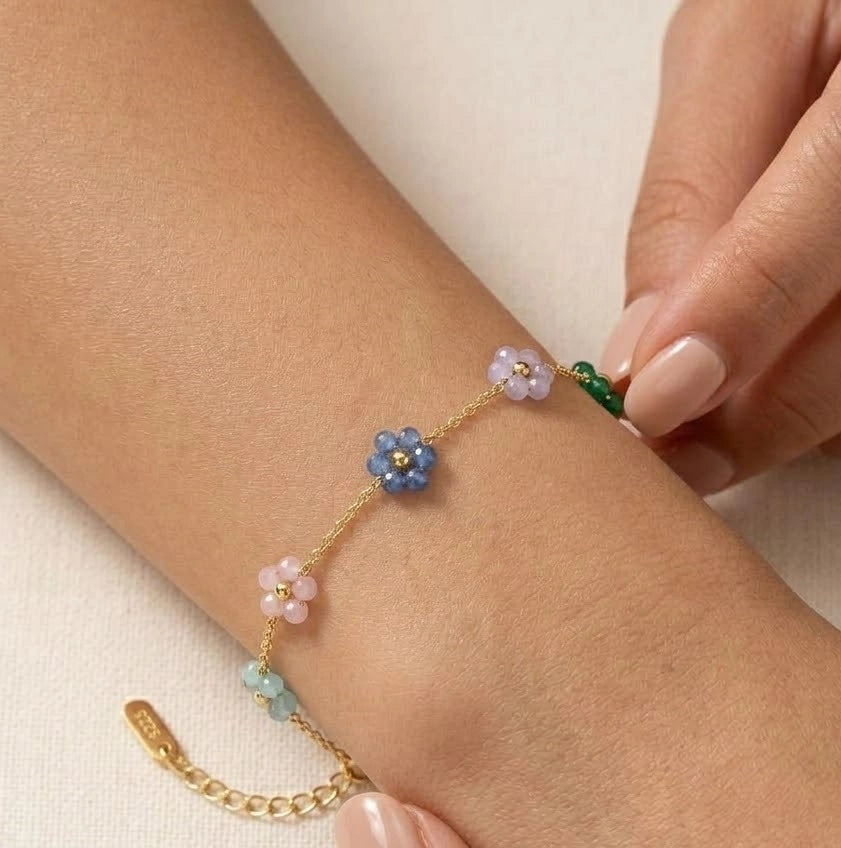 Multi-Color Floral Beaded Bracelet - Anti-Tarnish Gold Plated