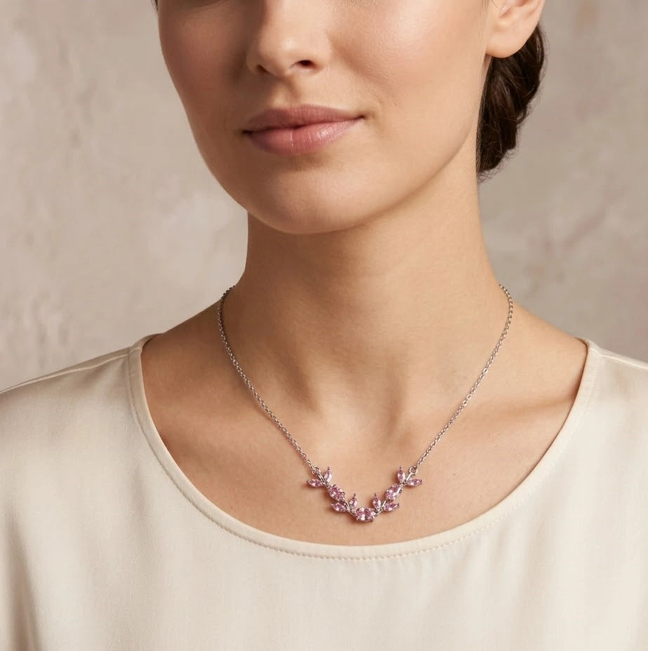 Pink Floral Vine Anti-Tarnish Necklace | Minimalist Leaf Design