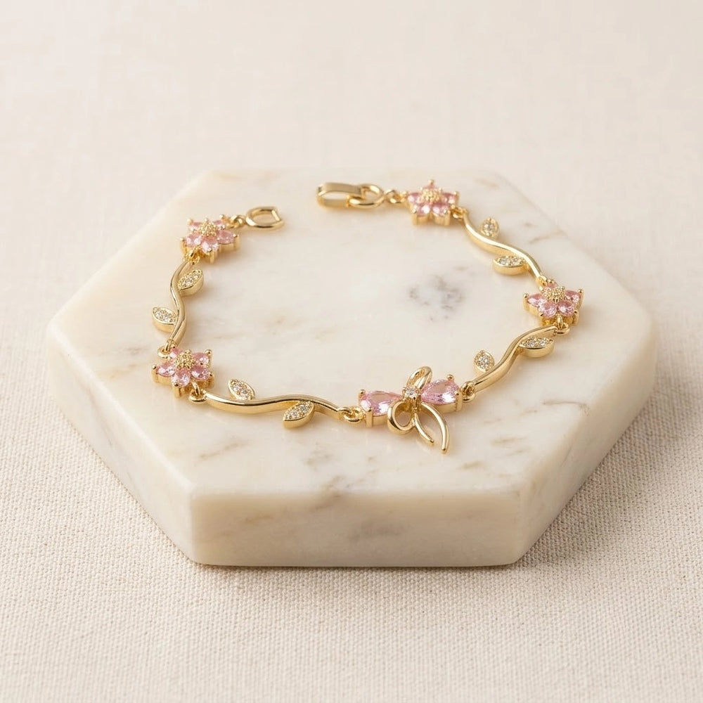 Pink Floral Bow Bracelet - Anti Tarnish Gold Plated