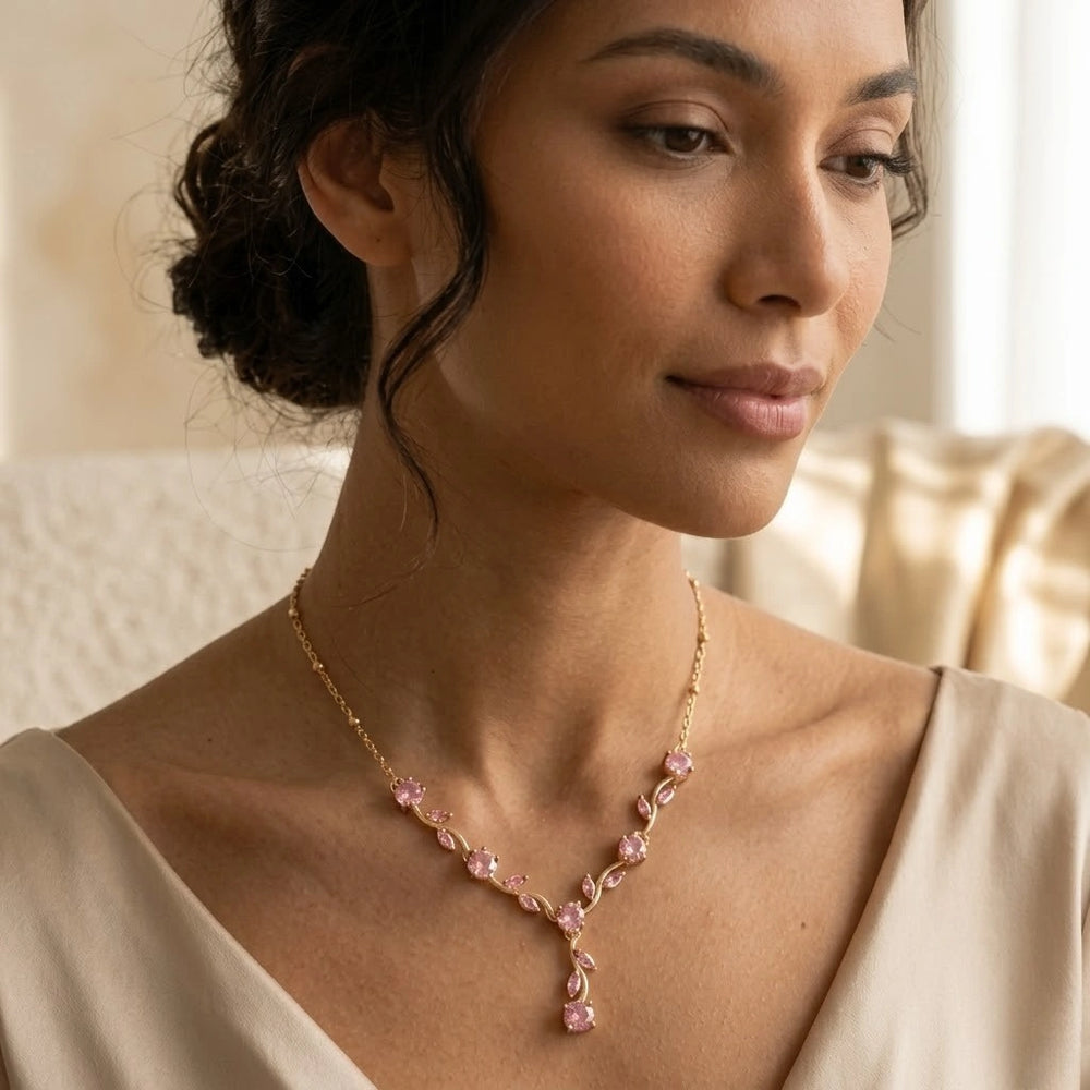 Pink Floral Drop Y-Necklace | Anti-Tarnish Gold Plated