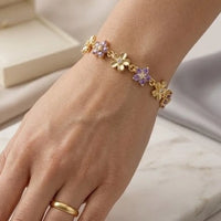 Purple Floral Gold-Plated Bracelet - Anti-Tarnish Dainty Jewelry
