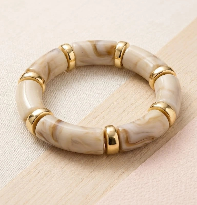 Beige Marble Effect Chunky Beaded Bracelet with Gold-Tone Accents