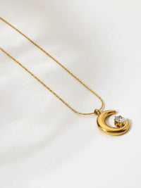Crescent Moon Anti-Tarnish Gold Plated Necklace with Sparkling Stone