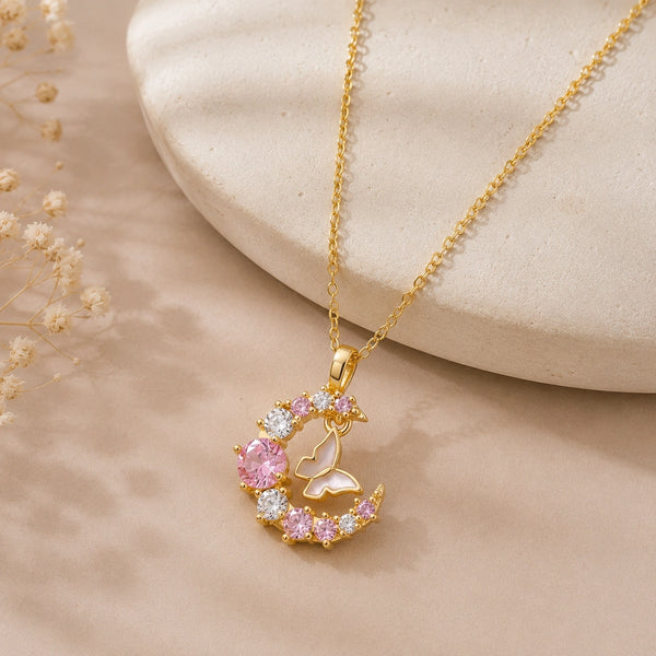 Crescent Moon & Butterfly Pendant Necklace - Anti Tarnish Gold Plated