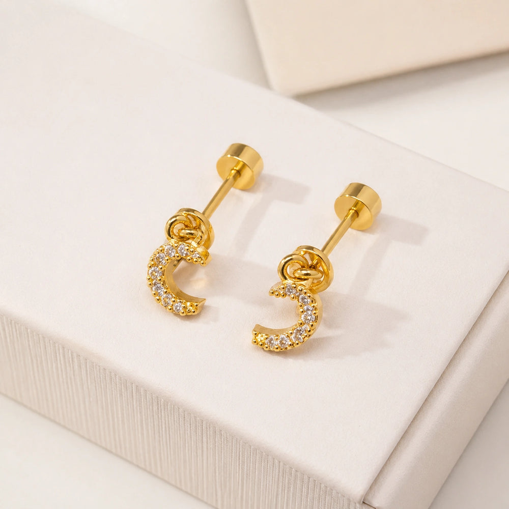 Crescent Moon Crystal Stud Earrings | Anti-Tarnish Gold-Plated