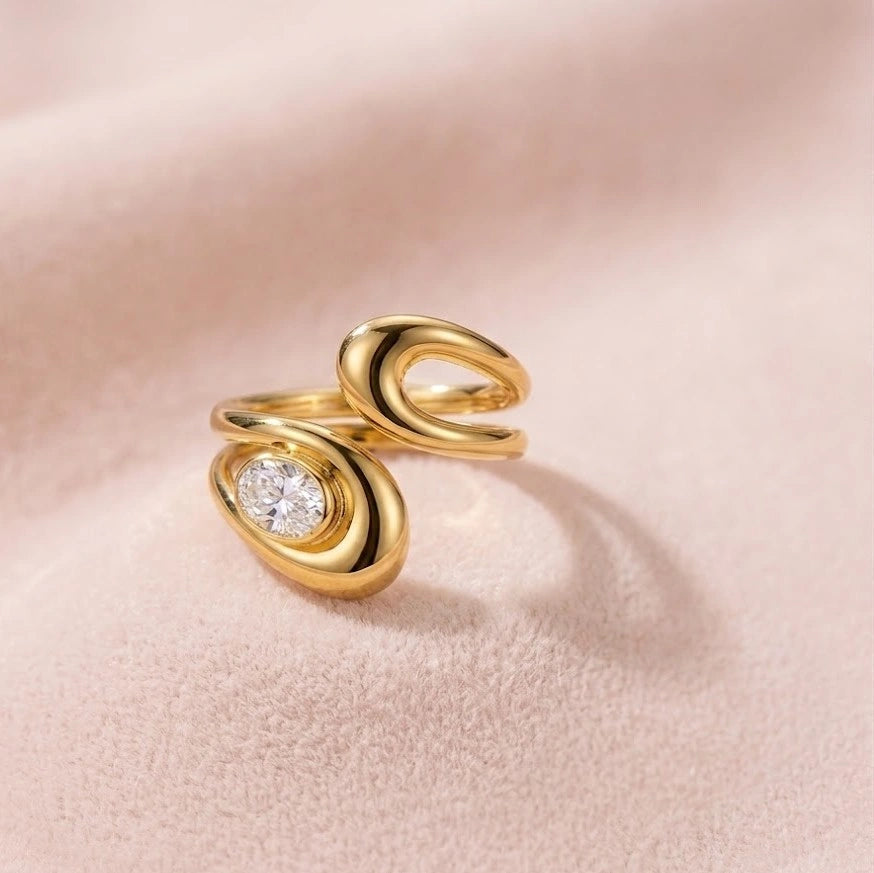 Crescent Moon & CZ Stone Adjustable Ring | Anti-Tarnish Gold Plated