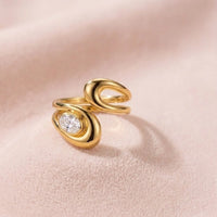 Crescent Moon & CZ Stone Adjustable Ring | Anti-Tarnish Gold Plated