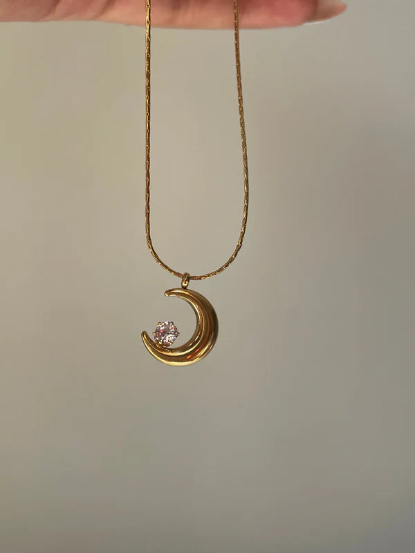 Crescent Moon Anti-Tarnish Gold Plated Necklace with Sparkling Stone