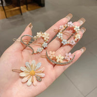 Korean Floral Rhinestone Hair Clips - Daisy, Heart, Moon & Wreath Designs (Gold Tone Aesthetic Pins)
