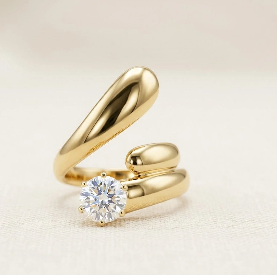 Crescent Wrap Anti Tarnish Solitaire Ring - Fluid Droplet Design