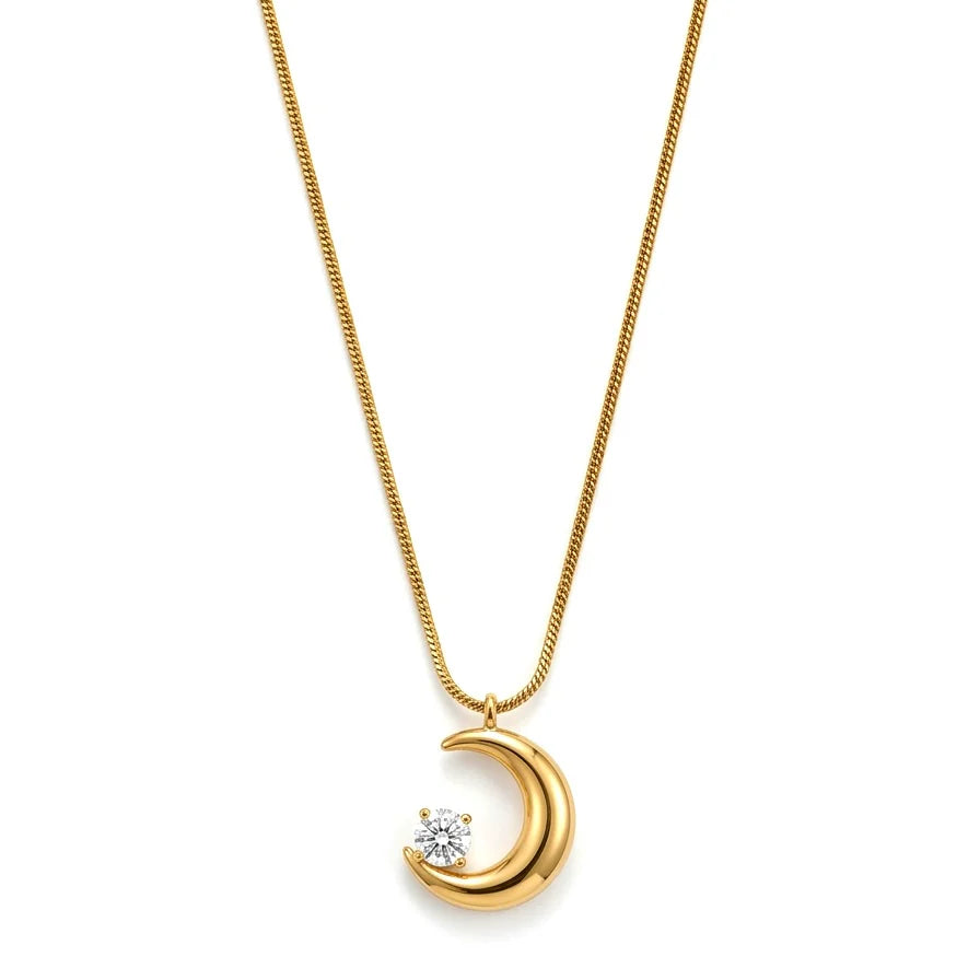 Crescent Moon Anti-Tarnish Gold Plated Necklace with Sparkling Stone
