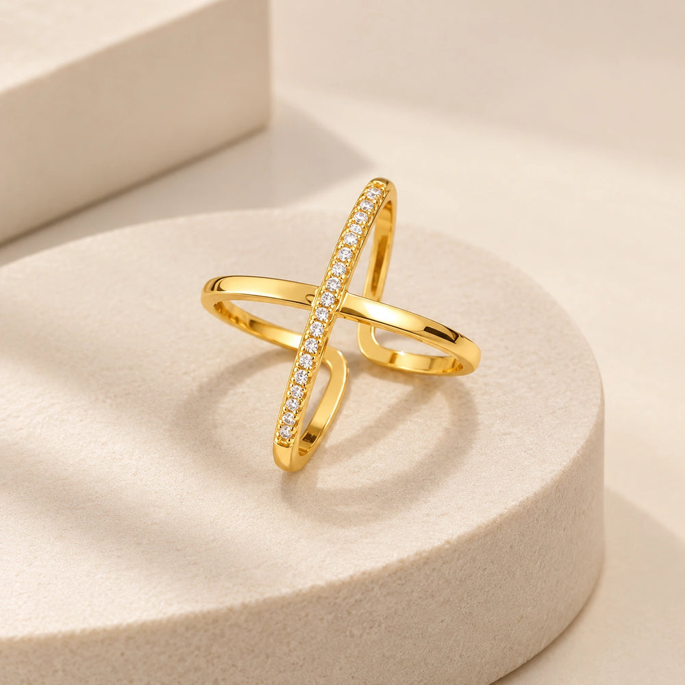 Cross Zirconia Adjustable Ring - Anti Tarnish Gold Plated