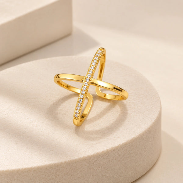 Cross Zirconia Adjustable Ring - Anti Tarnish Gold Plated