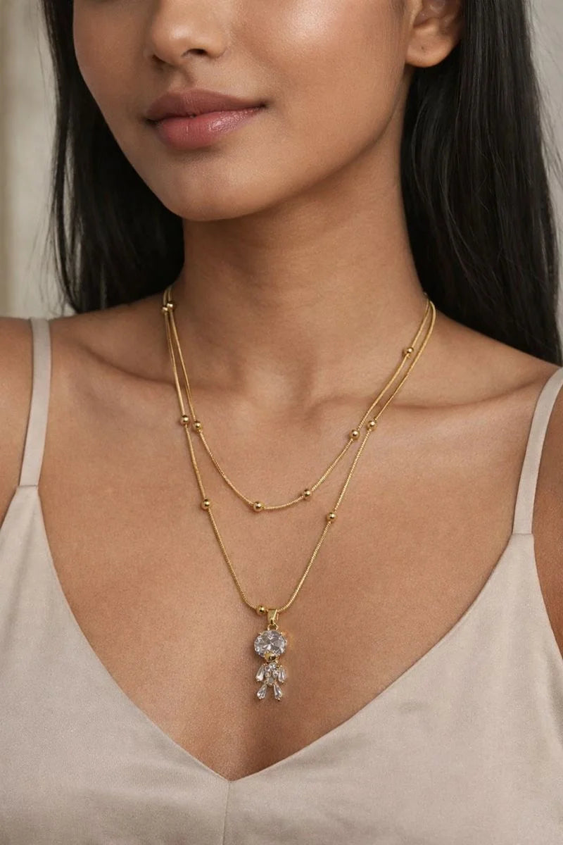 Crystal Teddy Bear Layered Necklace | Anti-Tarnish Gold Plated Chain for Women
