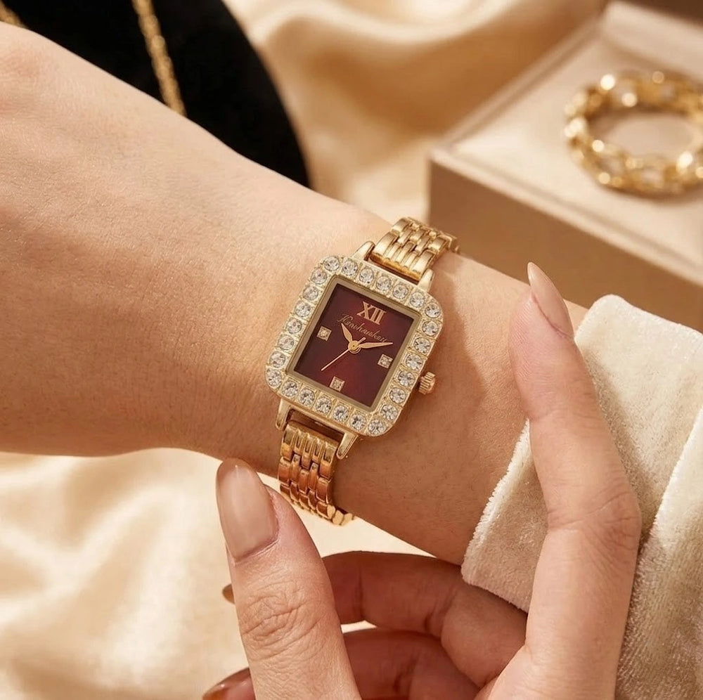 Elegant Square Red Dial Anti-Tarnish Gold Plated Stone Studded Watch for Women