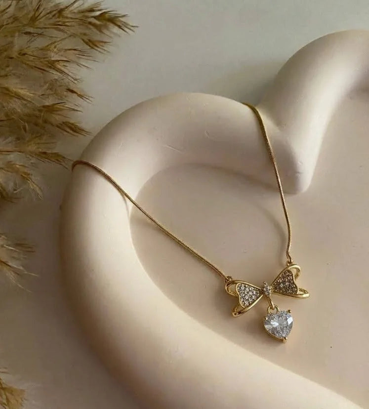 Crystal Bow & Heart Pendant Necklace | Anti-Tarnish Gold Plated Snake Chain