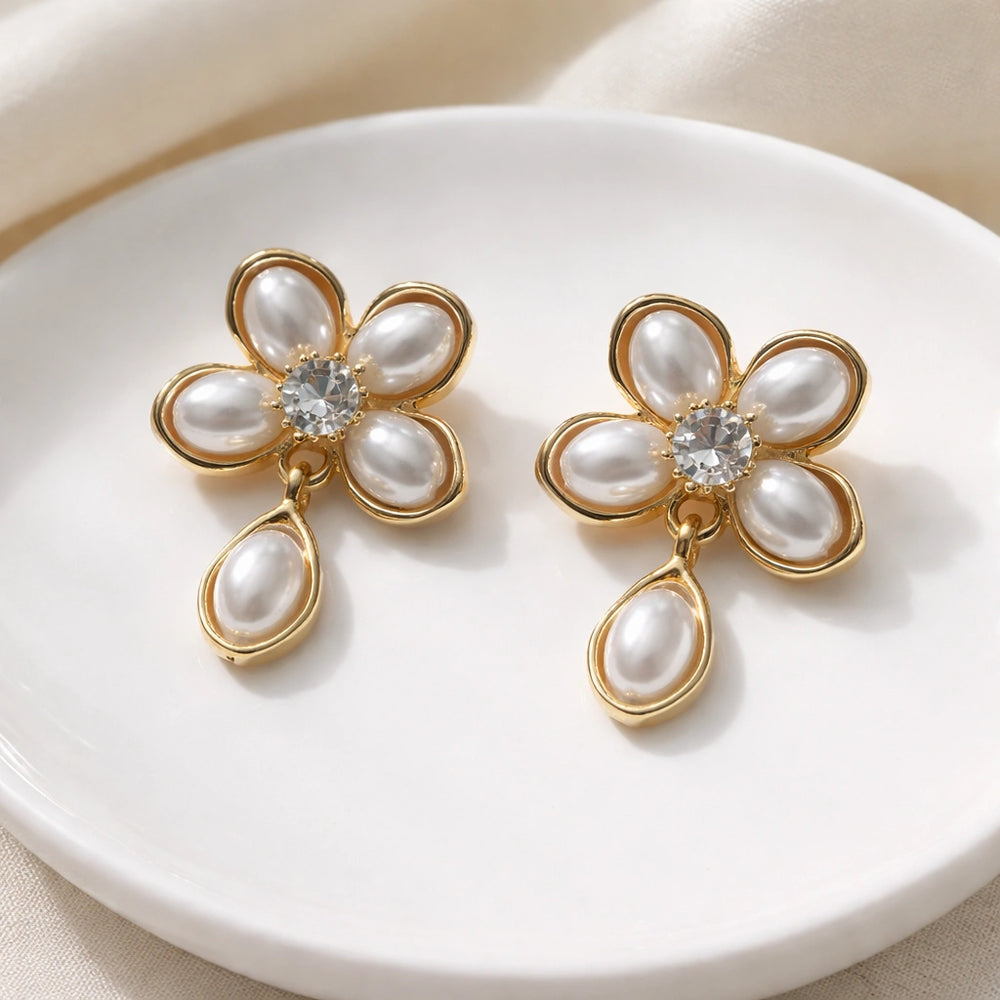 Pearl Flower Drop Earrings | Gold Floral Fashion Jewelry