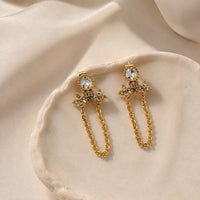 Crystal Chain Drop Earrings - Anti Tarnish Gold Plated
