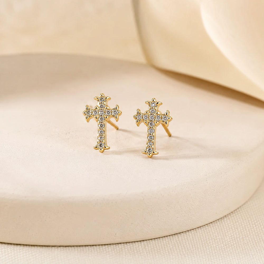 Crystal Cross Stud Earrings - Anti Tarnish Gold Plated | Minimalist Jewelry