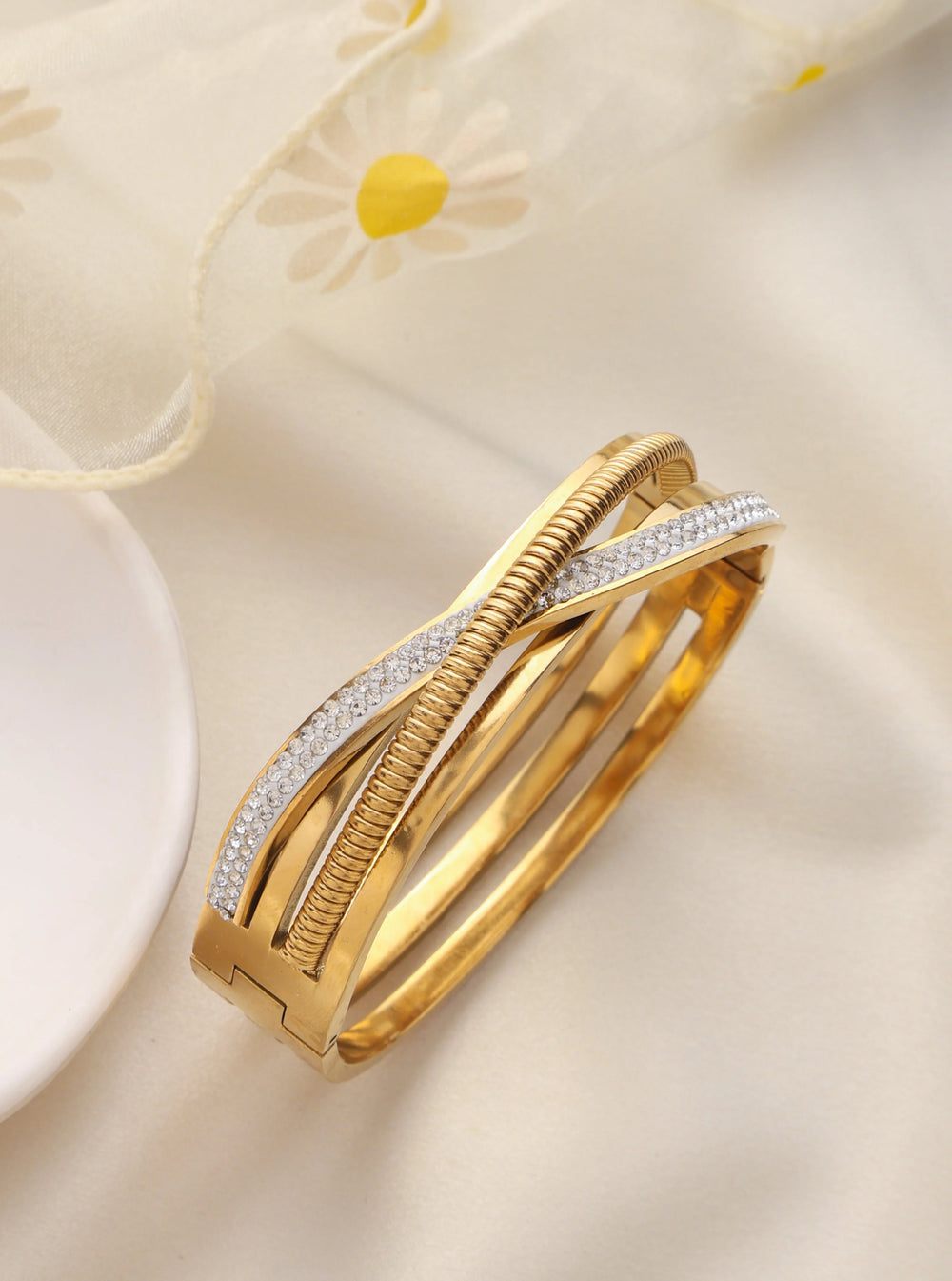 Crystal Crossover & Twisted Rope Gold Plated Bangle | Anti-Tarnish Korean Style Bracelet