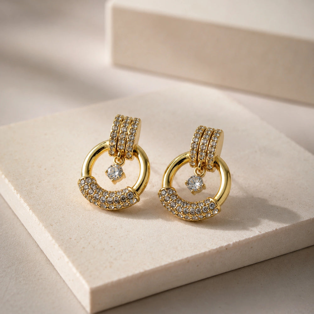 Crystal Dangle Hoop Earrings - Anti Tarnish Gold Plated