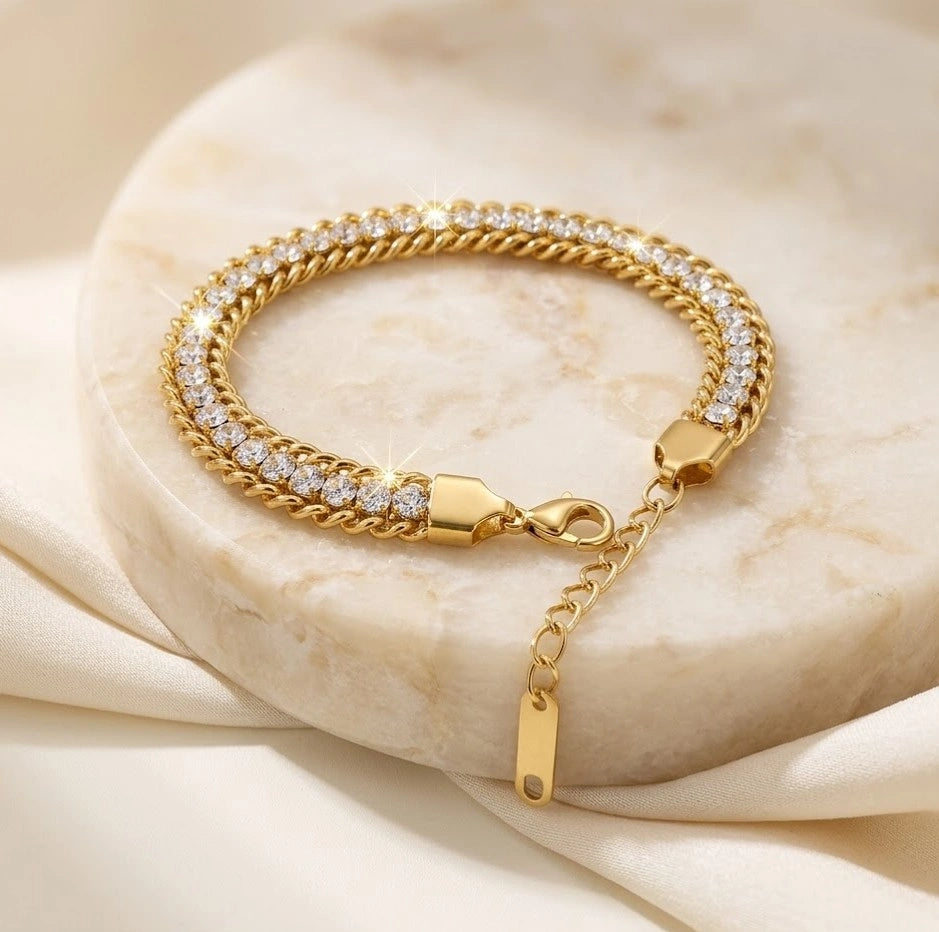 Crystal Dual Curb Chain Bracelet - Anti Tarnish Gold Plated Fashion Jewelry
