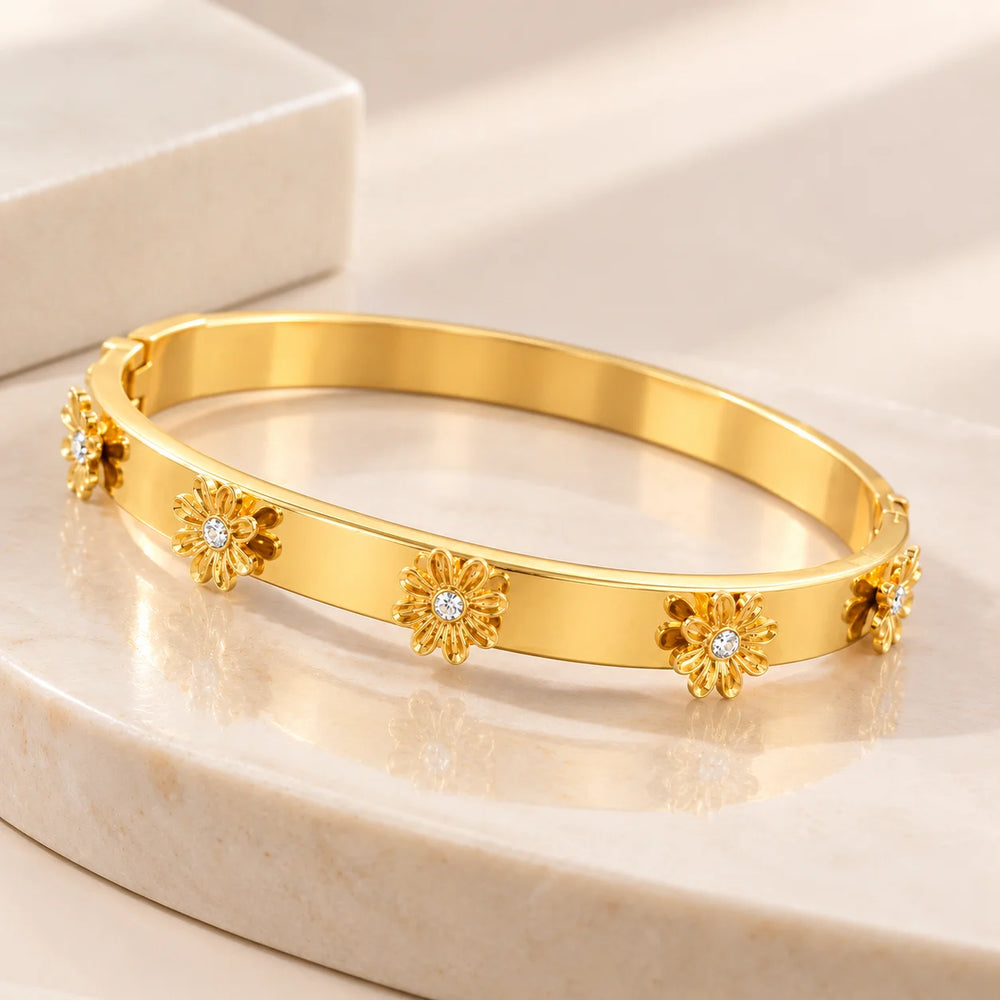 Floral Daisy Bangle - Anti Tarnish Gold Plated Bracelet for Women