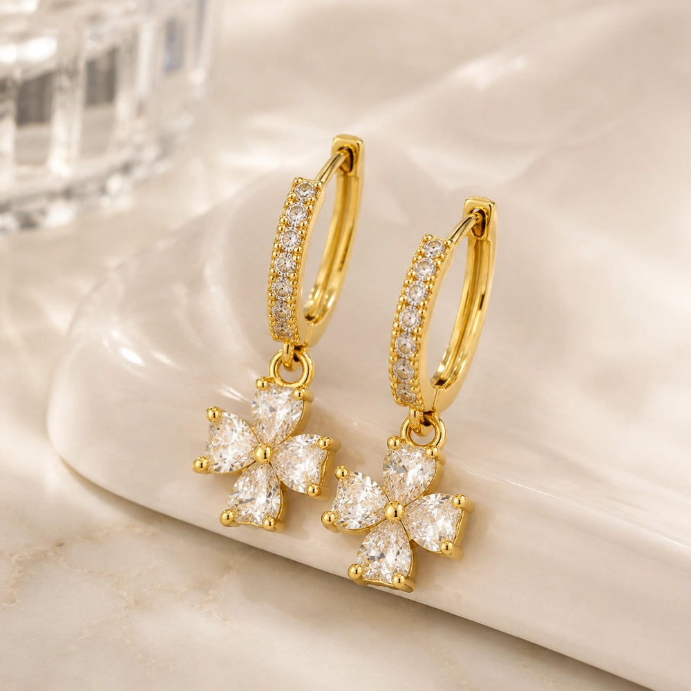 Crystal Flower Dangle Earrings - Anti Tarnish Gold Plated