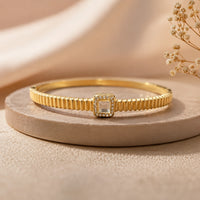 Crystal Halo Ribbed Bangle - Anti-Tarnish Gold Plated Bracelet