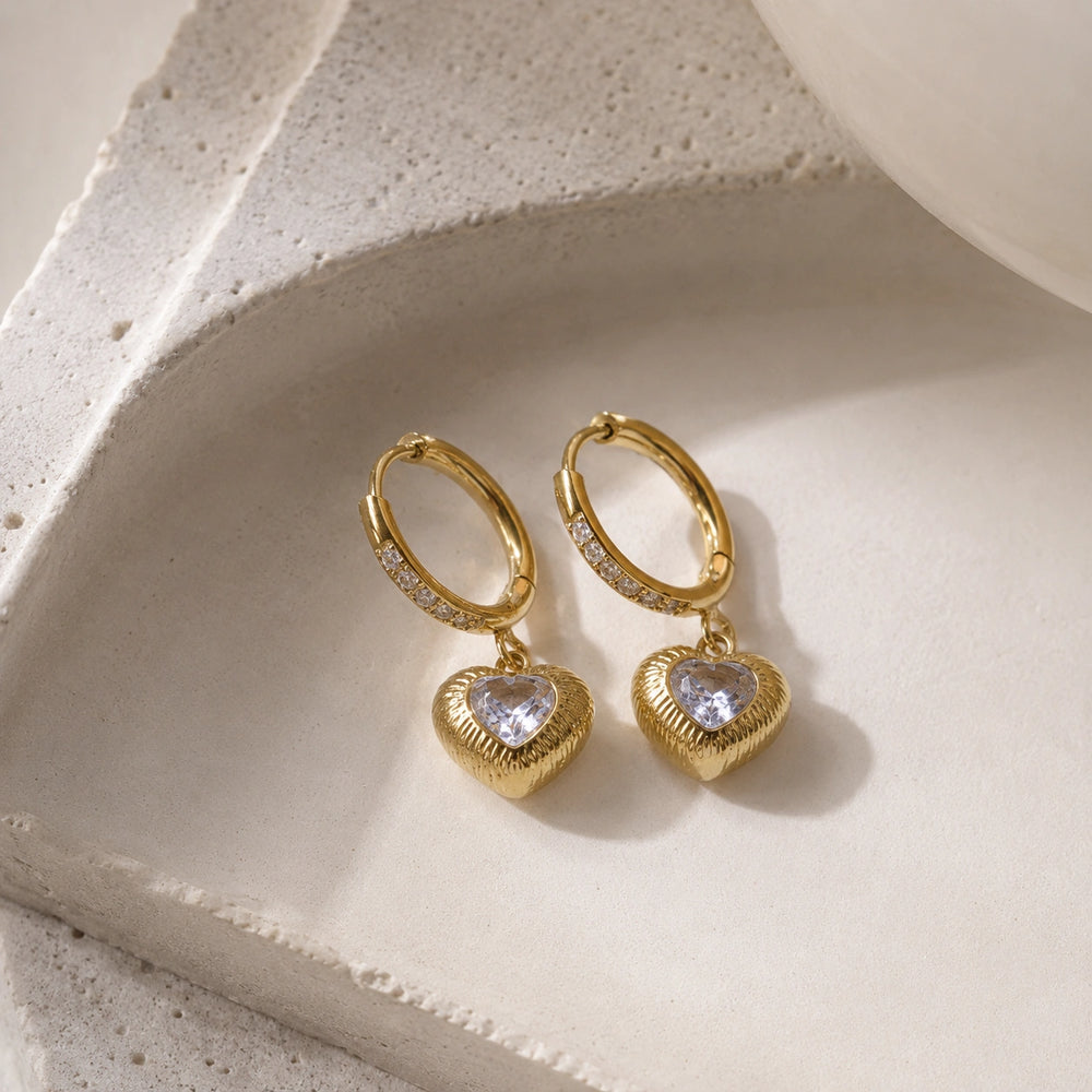 Crystal Heart Dangle Hoop Earrings | Anti-Tarnish Gold Plated