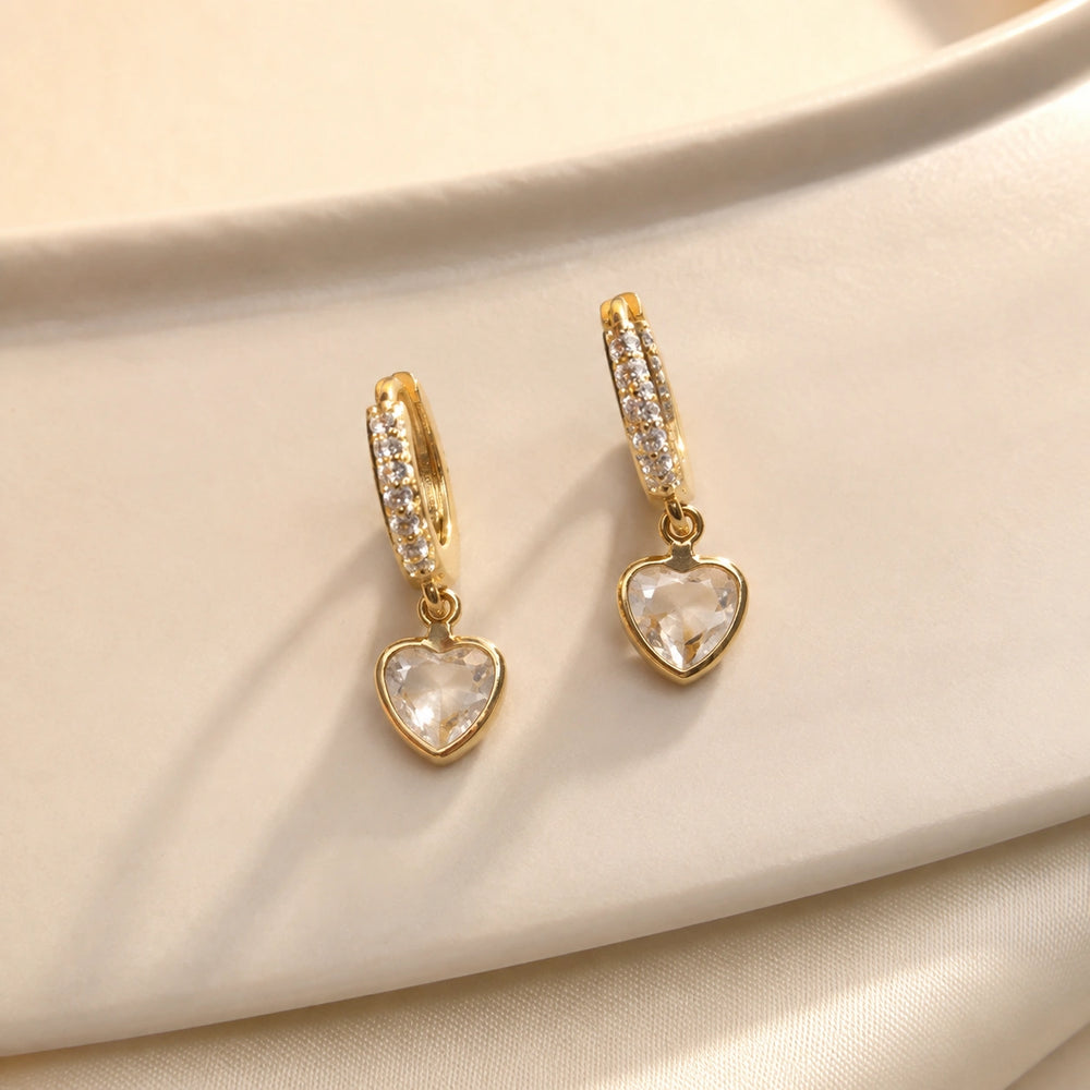 Crystal Heart Drop Hoop Earrings - Anti Tarnish Gold Plated Korean Minimalist